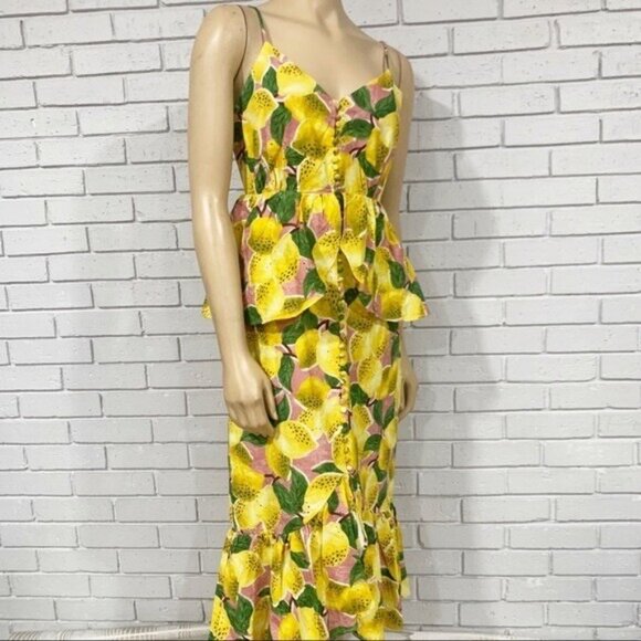 Farm Rio Fresh Lemons Ruffle Midi Dress S – NWT, Lemon Print, High-Low Flounce - Picture 11 of 12